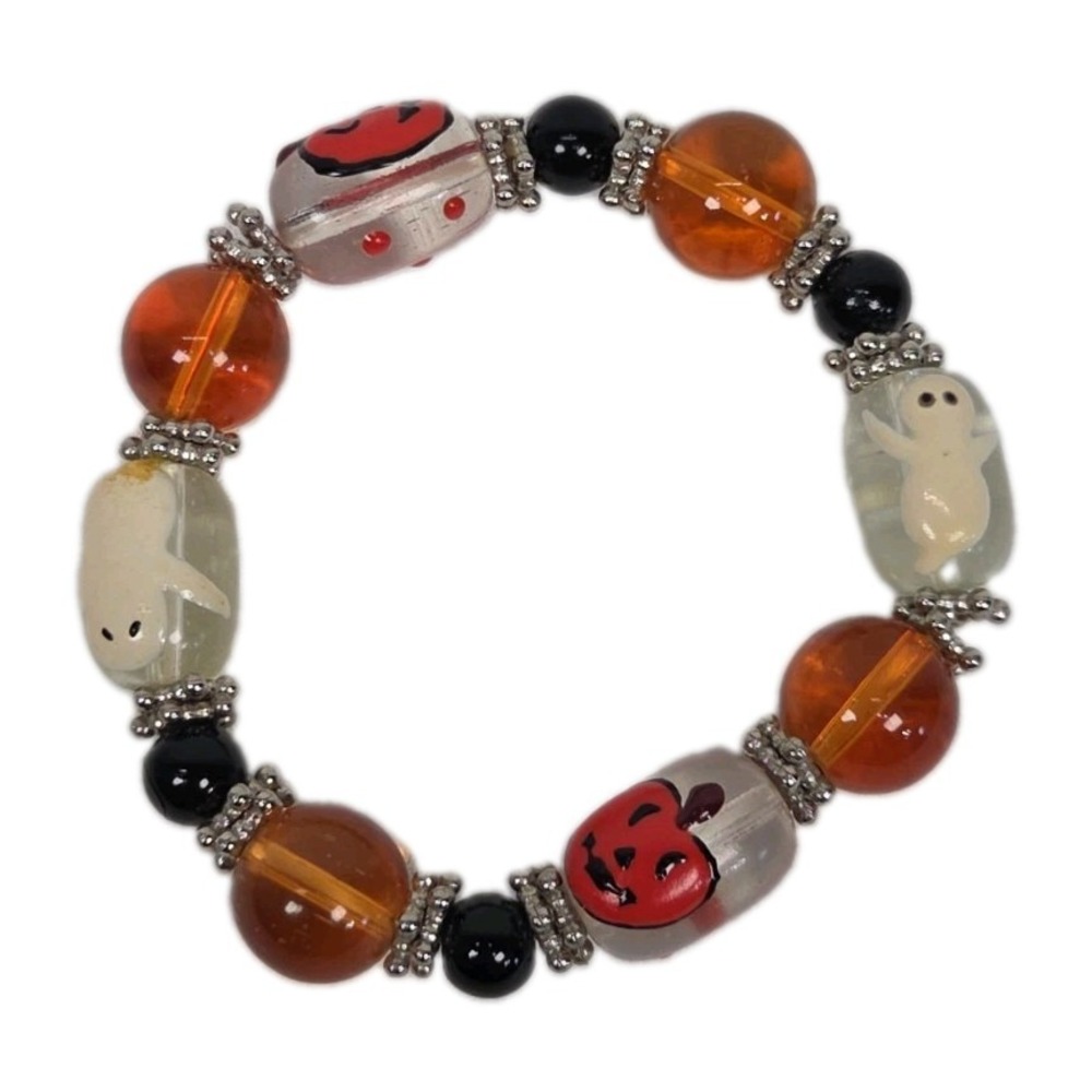 Halloween Stretch Bracelet Glass Beaded Lampwork OSFM Orange Hand Painted Ghost